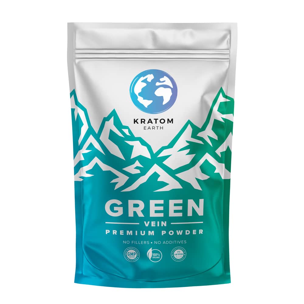 KE_Mock_GREEN_Bag_1 A white and teal package labeled "Kratom Earth Green Vein Premium Powder" with a mountain design and globe logo.